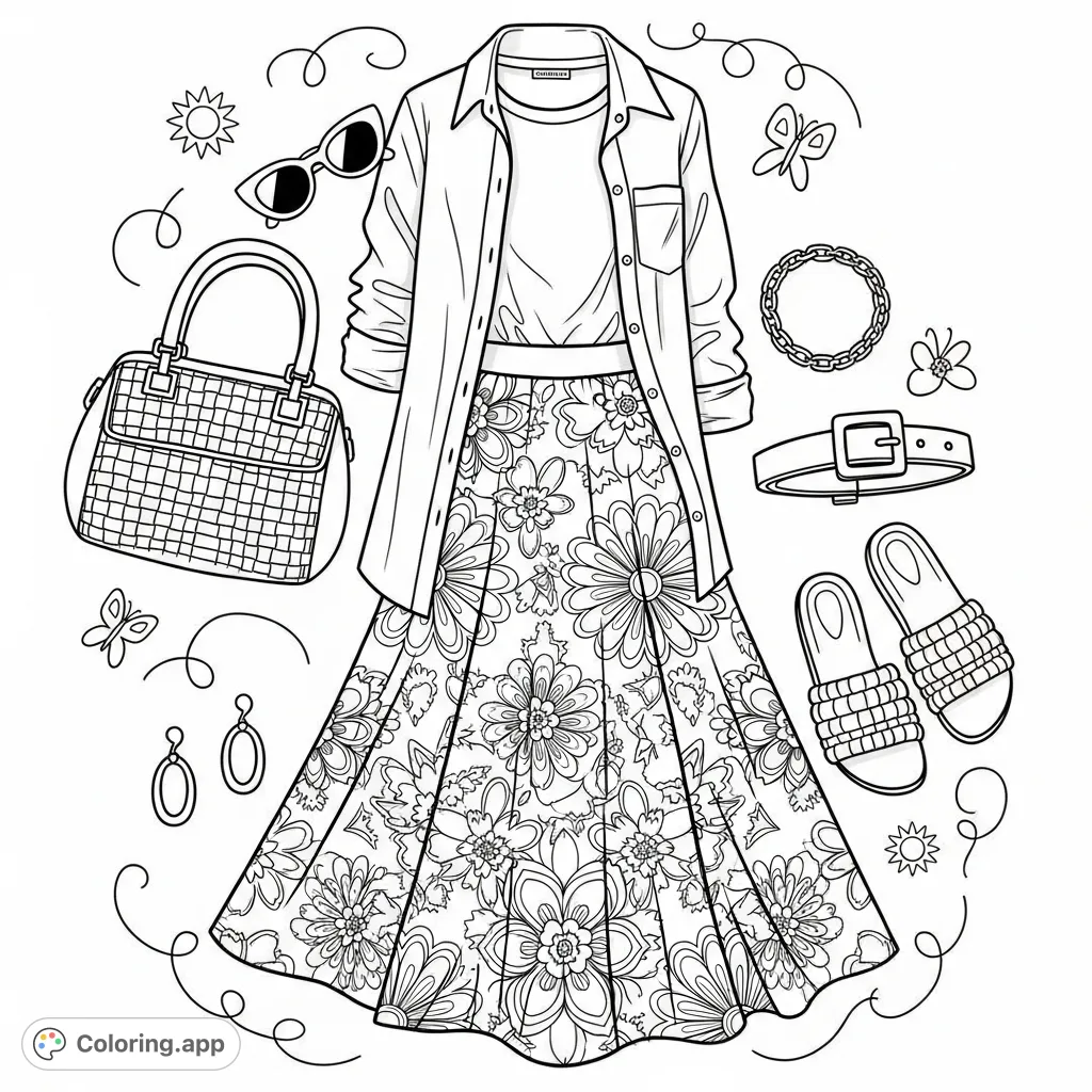 Discover a stylish women's outfit flat lay, featuring a floral A-line skirt, layered top, and chic accessories. Perfect for fashion enthusiasts!