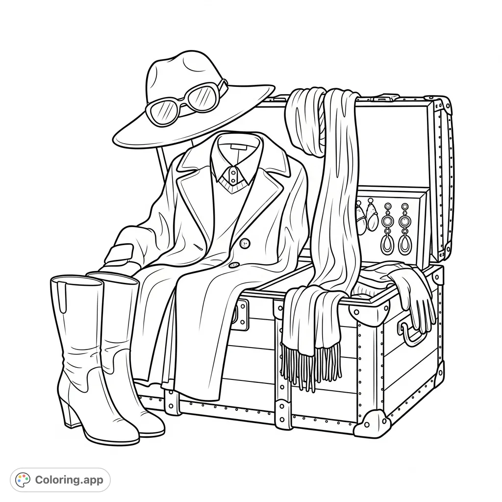 A stylish women's outfit, including a hat, coat, and elegant boots, artfully displayed on and around a sturdy antique wooden trunk, perfect for fashion enthusiasts.