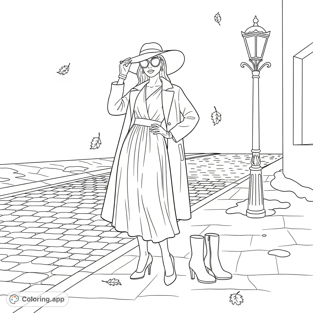 An elegant woman in a flowing dress, wide-brimmed hat, and chic accessories stands confidently on a cobblestone street. A stylish fashion scene.