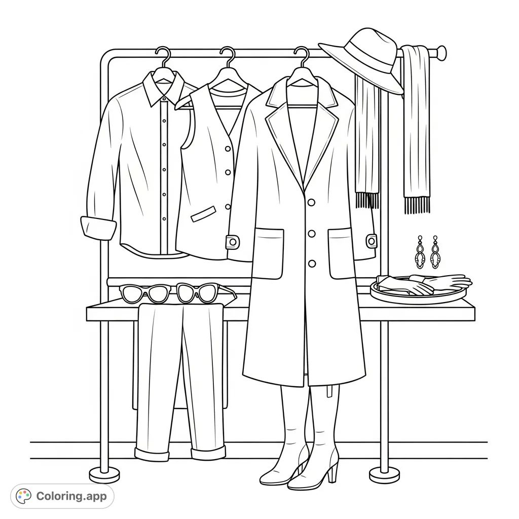 Discover a stylish collection of women's fashion, featuring a sophisticated coat, tailored pants, and elegant accessories on a modern clothes rack.