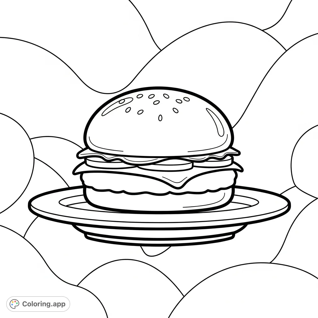 A super cute and simple hamburger on a plate with thick outlines and a fancy curvy background. Perfect for a fun, easy coloring experience.