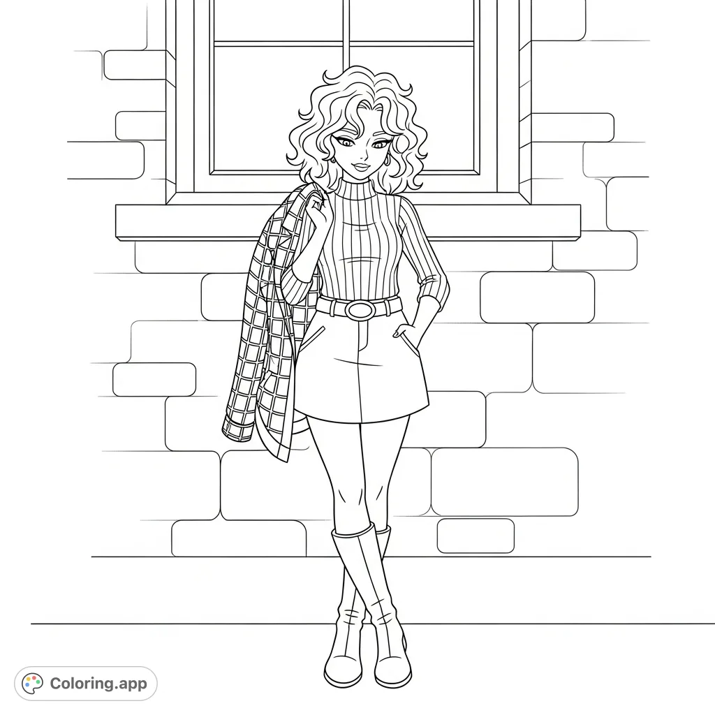 A stylish woman with curly hair poses confidently against a detailed brick wall, showcasing her plaid jacket, ribbed top, and tall boots in this fashion-forward coloring page.