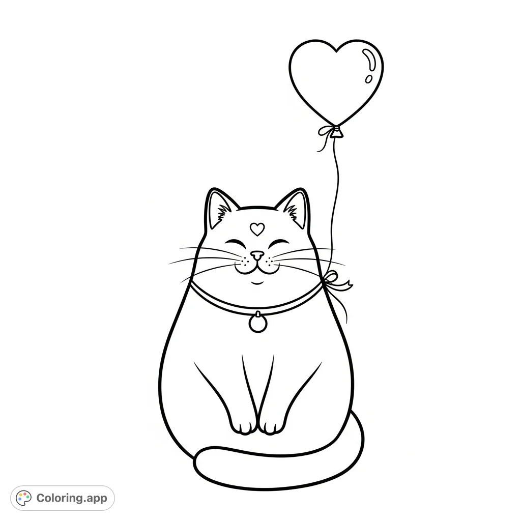 A plump, happy cat with soft, rounded ears sits peacefully, its tail curled. A heart on its nose and a floating heart-shaped balloon tied to its collar add charm.