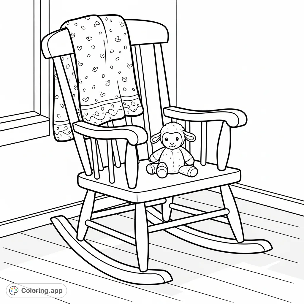 A charming wooden baby rocking chair, draped with a soft, patterned blanket, and a plush lamb, bathed in light. A peaceful scene for gentle coloring.