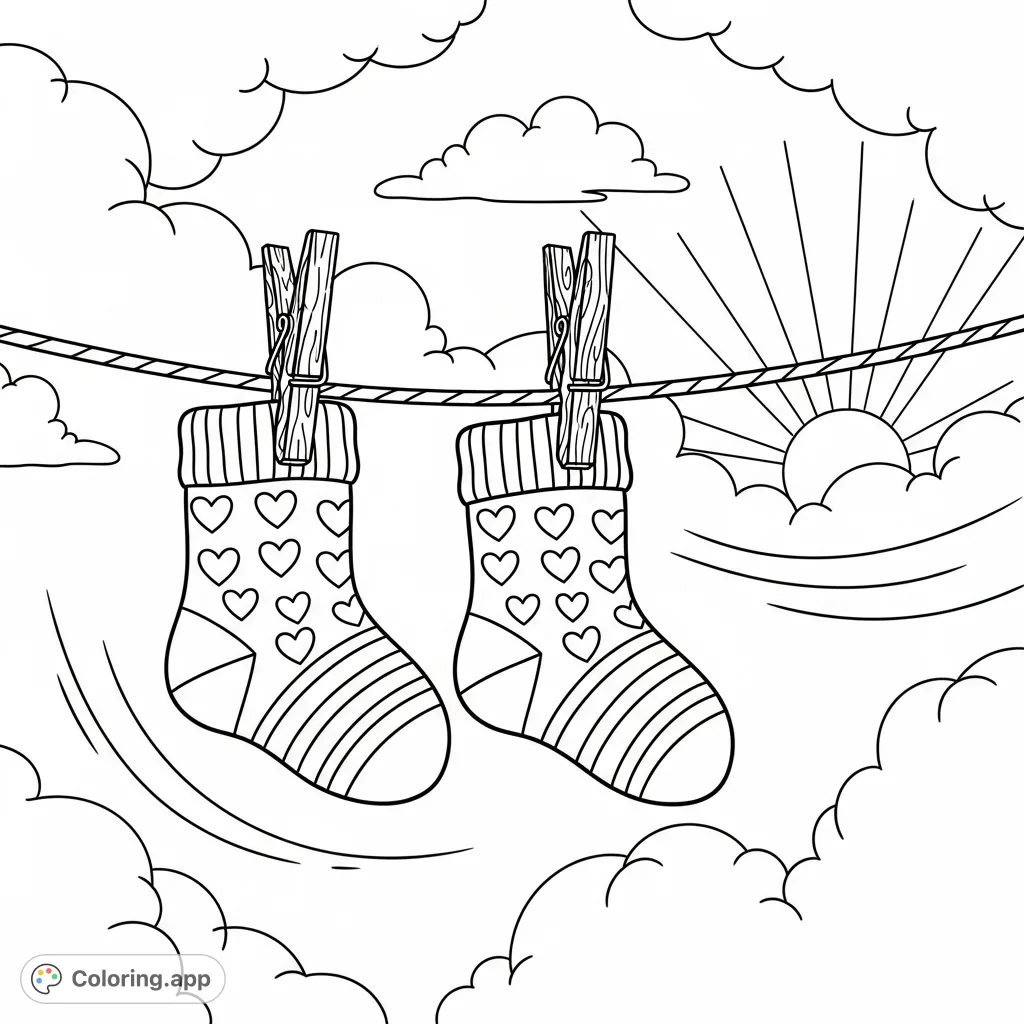 A heartwarming scene of small, patterned children's socks drying on a clothesline under a sky filled with whimsical clouds and a cheerful sun.