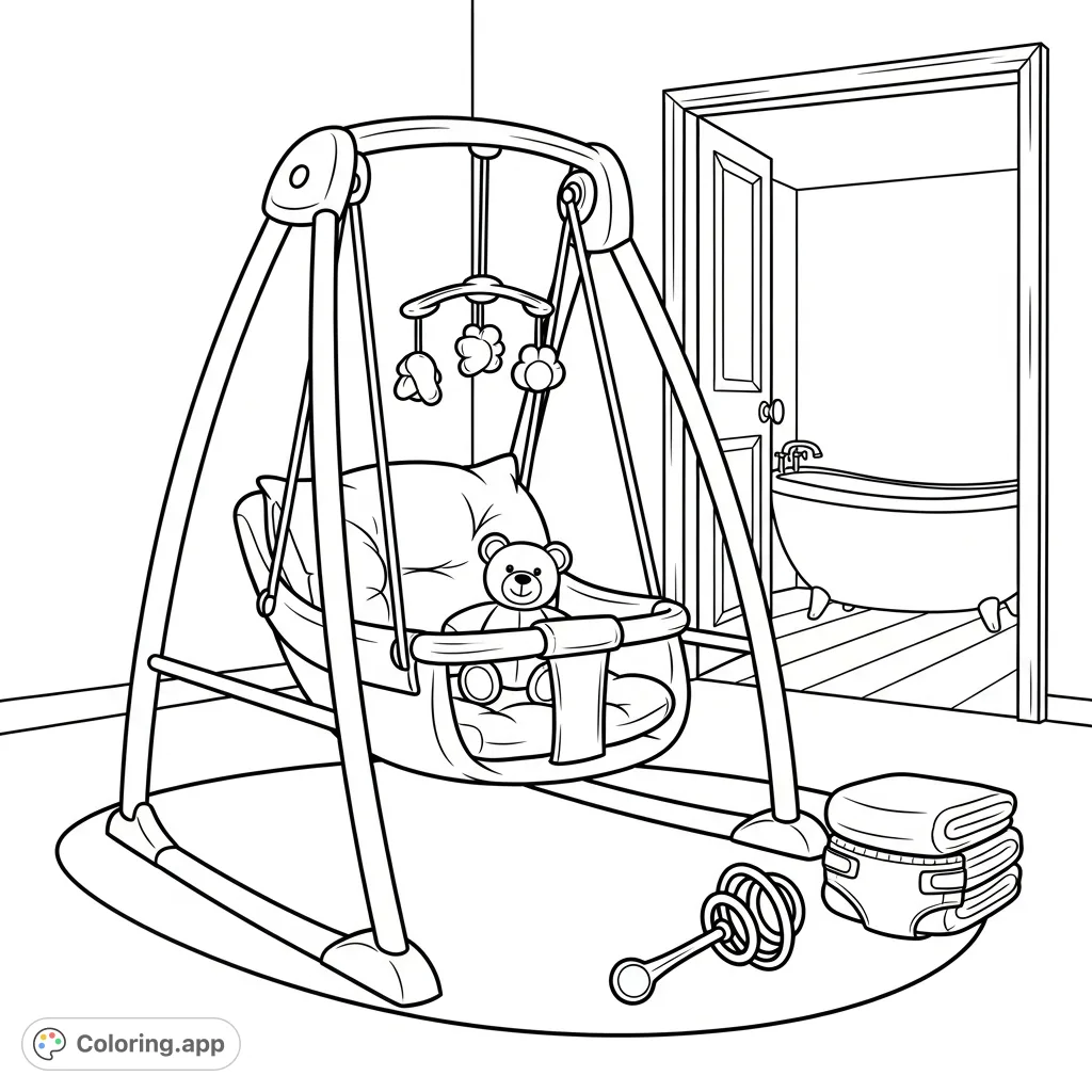 Explore a peaceful nursery scene with a baby swing, soft teddy bear, and essential items. A delightful free printable coloring page perfect for kids and new parents.