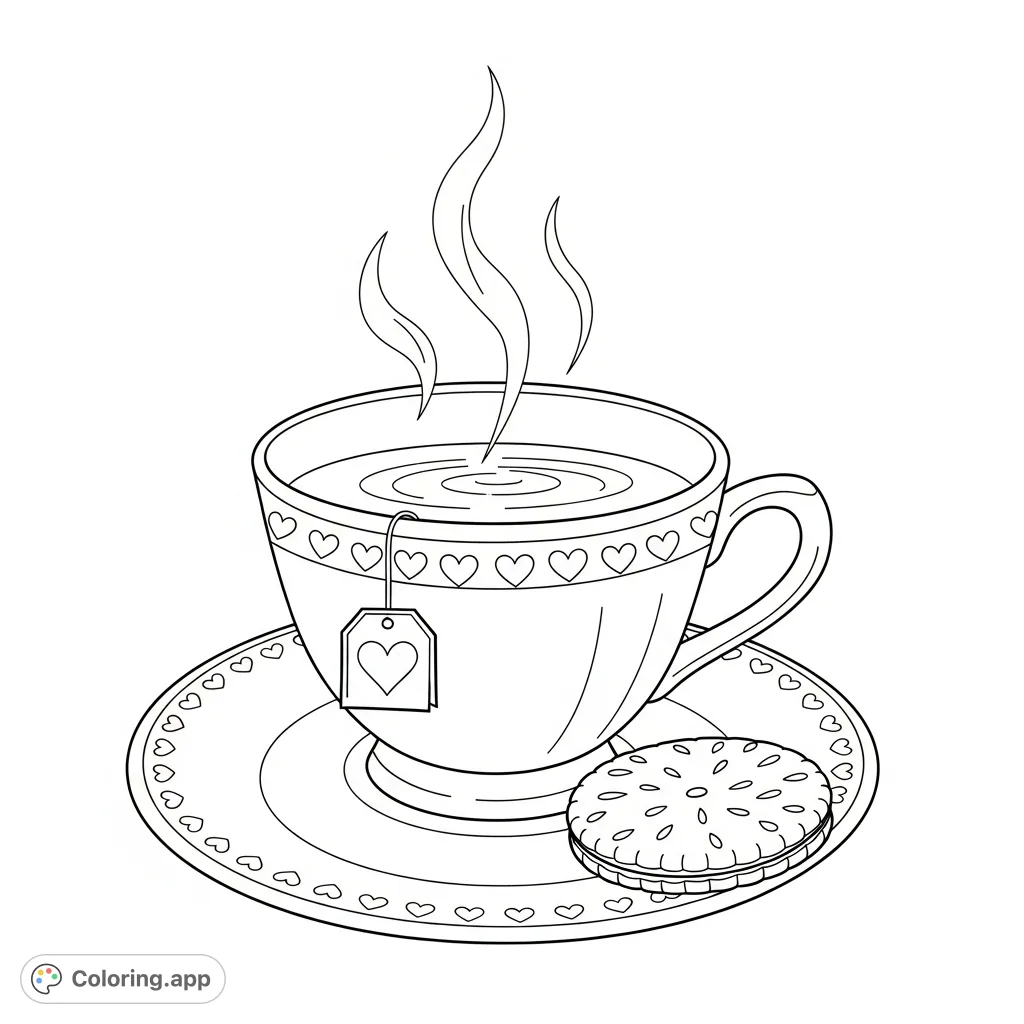 A charming teacup with steam and a heart-shaped tag, resting on a heart-patterned saucer next to a biscuit. Perfect for relaxation.