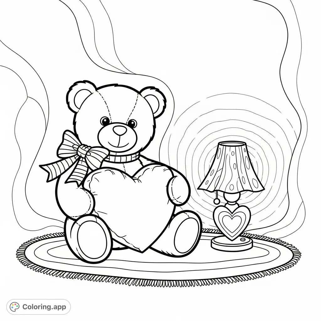 A charming teddy bear with a striped bow, holding a heart cushion, nestled on a fluffy rug beside a heart-based lamp. A delightful scene for relaxation.