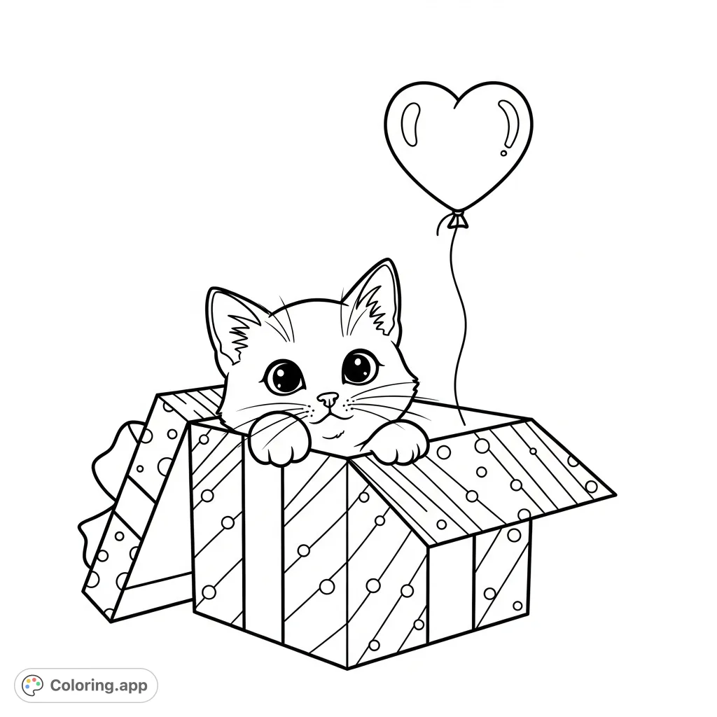 A delightful kitten peeks from a patterned gift box, with a heart balloon floating above. A charming and free printable kitten gift box coloring page for all ages!