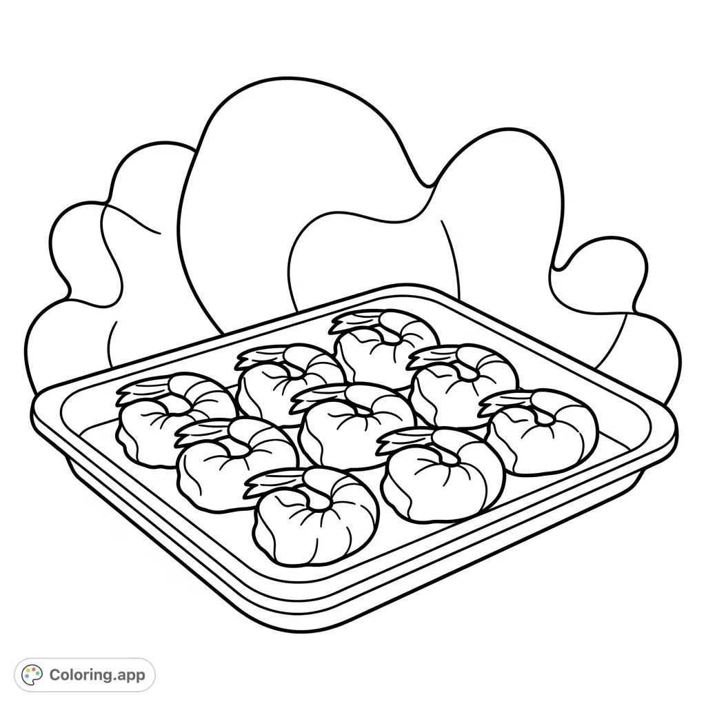 A delightful and simple fried shrimp meal coloring page. Features plump, stylized shrimp in a tray with a charming, easy-to-color background for all ages.