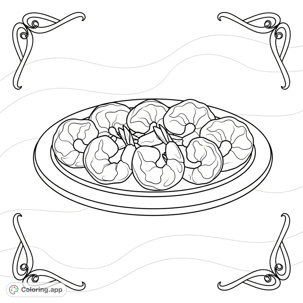 A charming and simple fried shrimp meal on a plate, surrounded by playful curvy lines, perfect for easy coloring. A delightful free printable.
