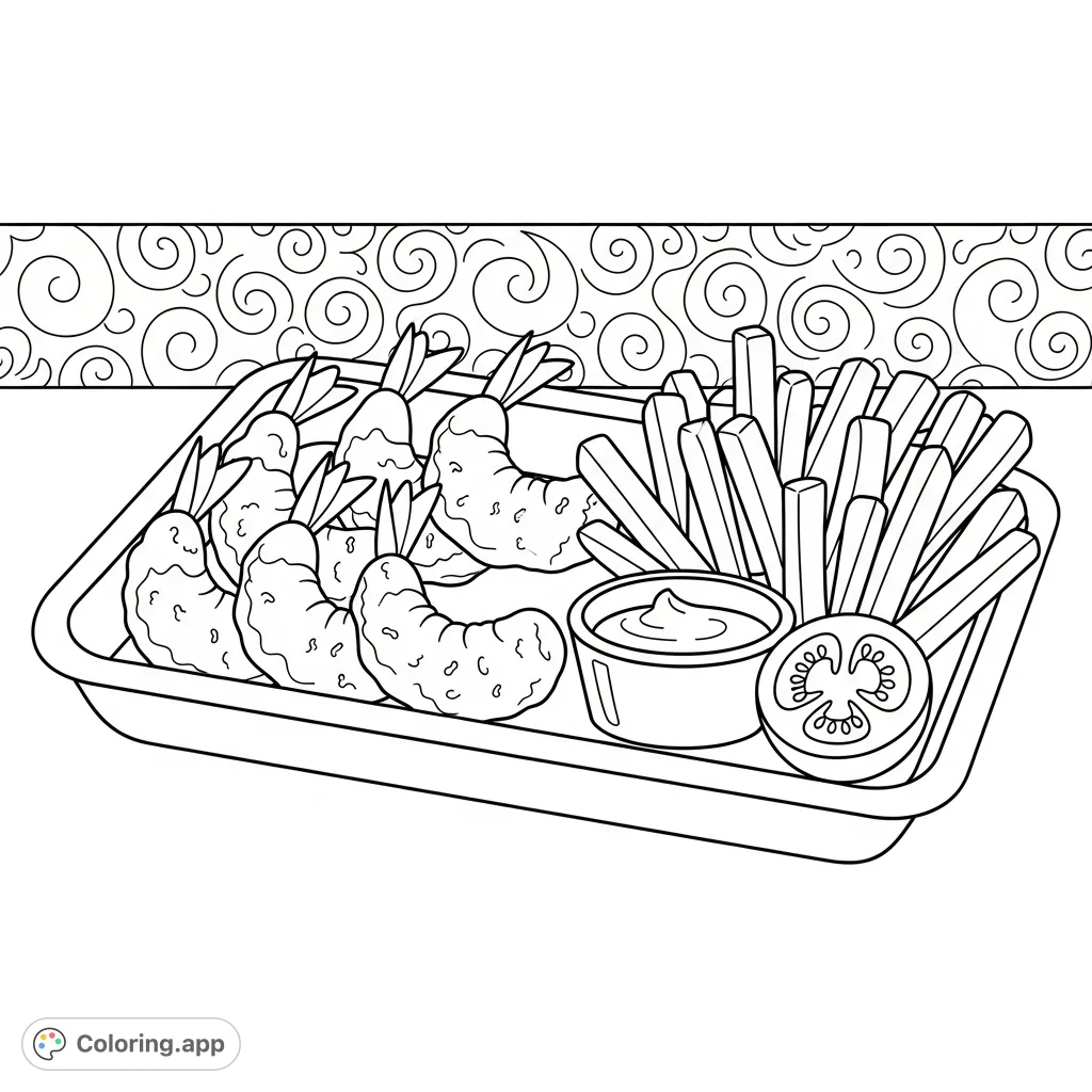 A delightful coloring page featuring plump fried shrimp, crisp fries, dipping sauce, and a tomato slice, all nestled in a tray with soft, curvy edges. A simple, fancy background completes this adorable food scene, perfect for an easy coloring page experience.
