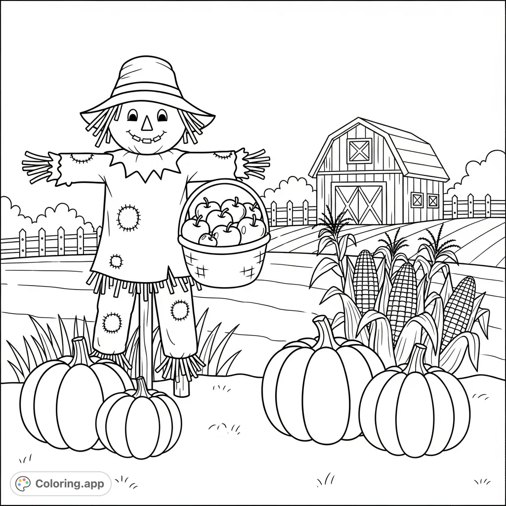 Discover a charming and simple harvest scene featuring a friendly scarecrow, pumpkins, apples, and a barn, all with extra thick outlines. Perfect for beginners!