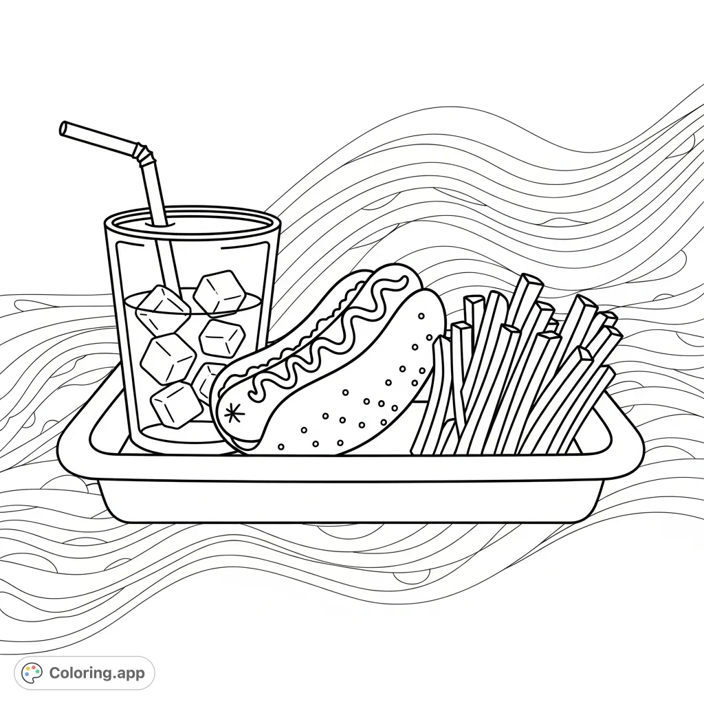 Enjoy this cute hotdog meal coloring page featuring a hotdog, french fries, and a drink, all neatly arranged on a tray against a wavy background. Perfect for food lovers!