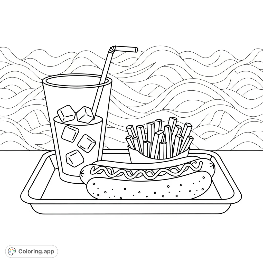 A very simple and cute hotdog meal, complete with fries and a drink with ice, set against a charming wavy background. Perfect for easy coloring!