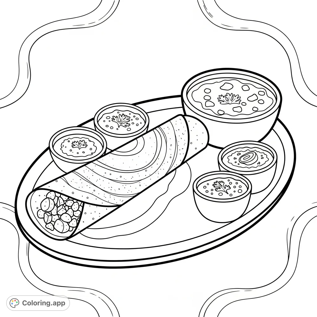 A charming, simple Masala dosa meal on a plate with chutneys and sambar, set against a background of gentle wavy lines, perfect for easy coloring.