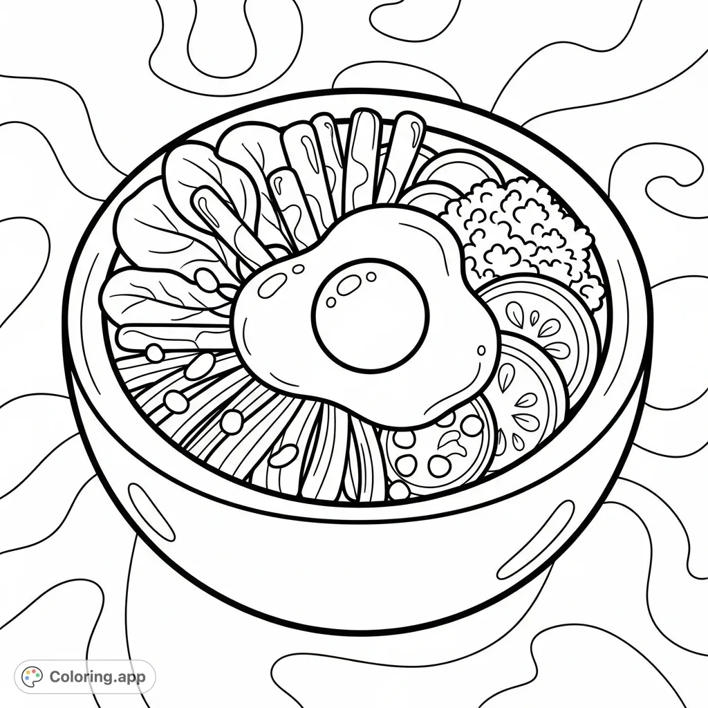 A very cute and simple Bibimbap coloring page featuring thick, curvy outlines, an egg, vegetables, and a simple fancy background. Perfect for easy coloring!