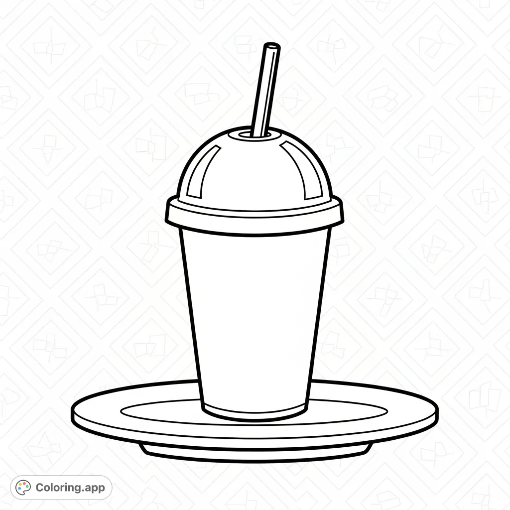 A charming and simple soda cup on a plate, featuring prominent borders and a delightful patterned background. Perfect for easy coloring fun!
