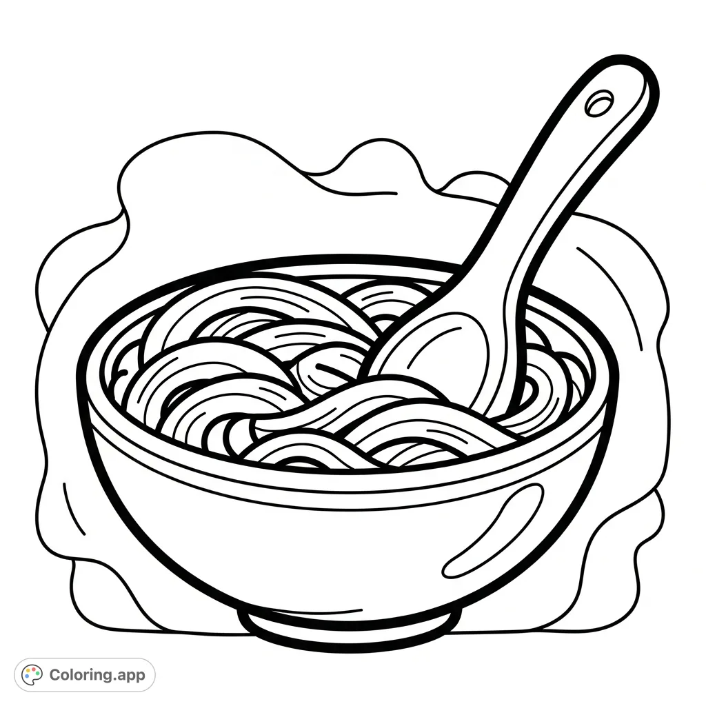 A charming, simple Udon noodle bowl with a spoon, featuring bold outlines and a whimsical background, perfect for a relaxing and fun coloring experience.