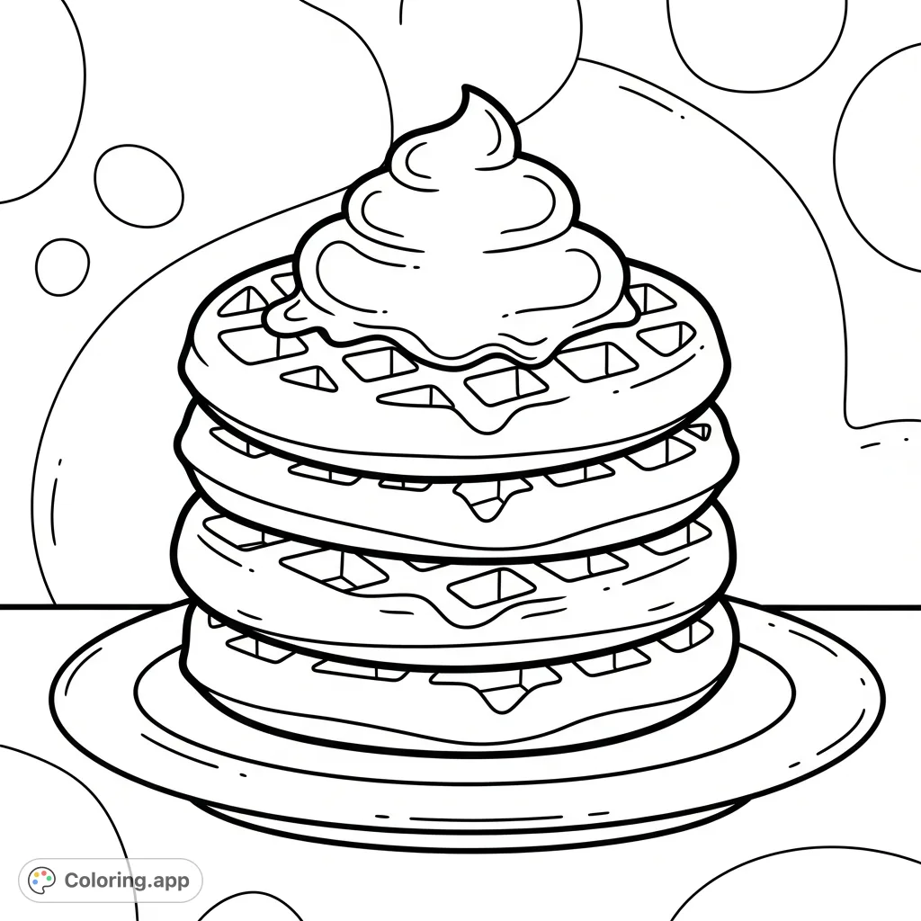 A charming and simple Waffles meal on a plate, featuring thick outlines and a fancy background, perfect for a relaxing coloring experience for all ages.