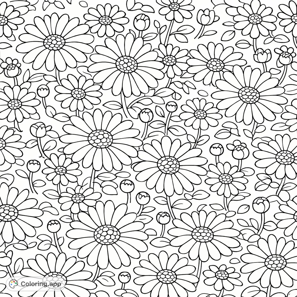 Explore a charming floral patterns coloring page featuring a dense arrangement of daisy-like flowers and buds. Perfect for all ages, offering a fun, relaxing creative escape.