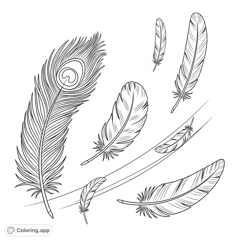 Discover a serene collection of diverse bird feathers, from peacock's intricate patterns to an eagle's sturdy quill, perfect for a tranquil coloring experience.