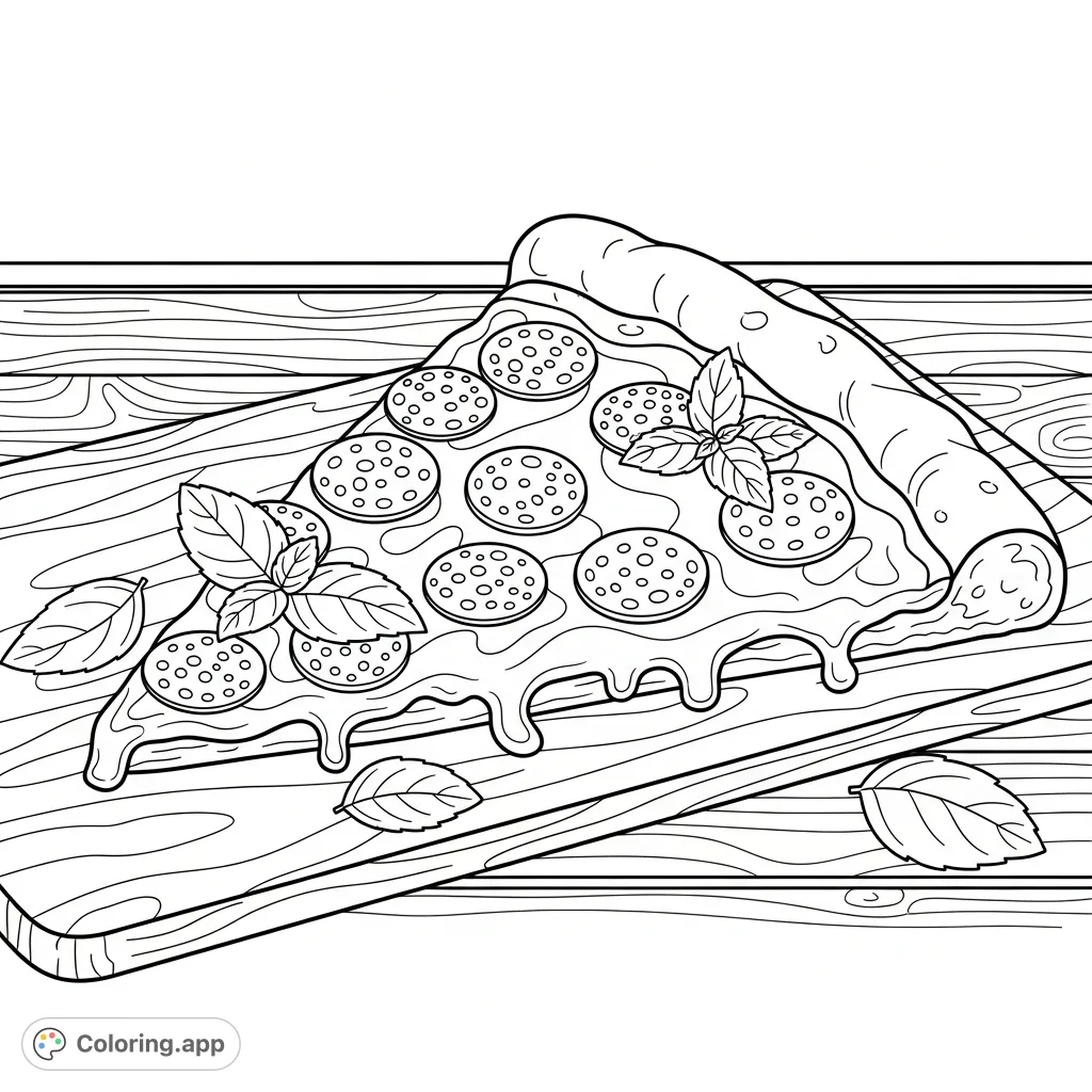 Indulge in this delightful pizza slice coloring page, featuring a thick crust, melted cheese, pepperoni, and fresh basil on a rustic wooden board.