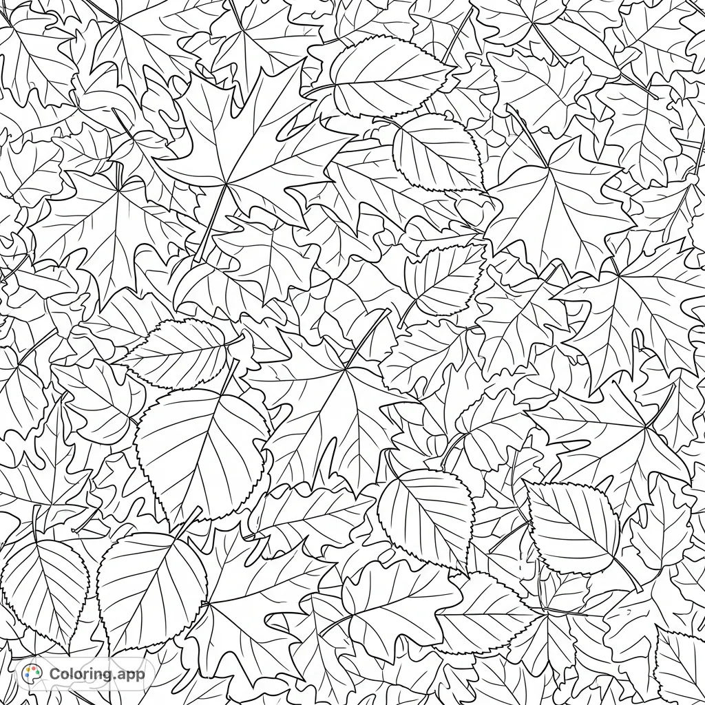 A detailed scattering of diverse maple, oak, and birch leaves creates an intricate, textured carpet. Perfect for nature lovers to personalize this beautiful autumn scene.