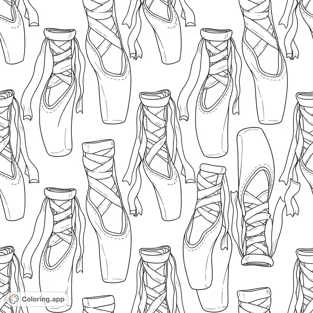 Elegant ballet shoes form a graceful, repeating pattern across the page, detailed with ribbons and pointe. A serene design for dance lovers to color and relax.
