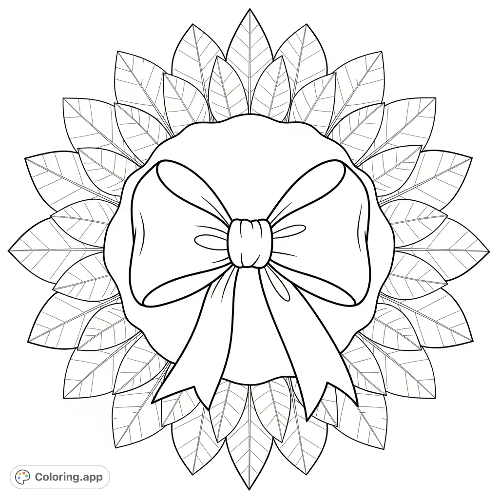 Discover an elegant bow ribbon, its full loops framed by broad, stylized leaves. A symmetrical design with open spaces, perfect for relaxing coloring.