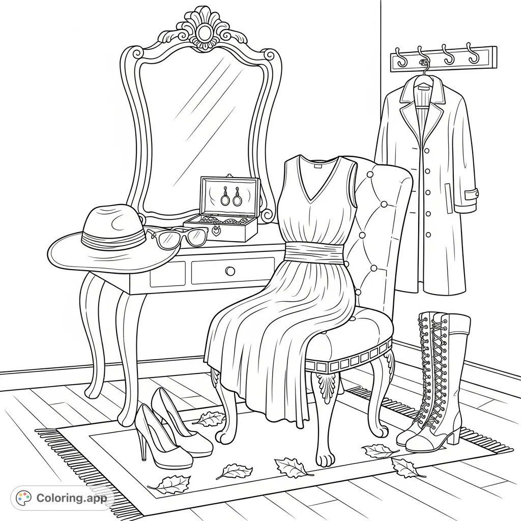 Explore a sophisticated dressing area coloring page, featuring an ornate mirror, stylish apparel, and accessories like a wide-brimmed hat and high-heeled shoes, with scattered autumn leaves.