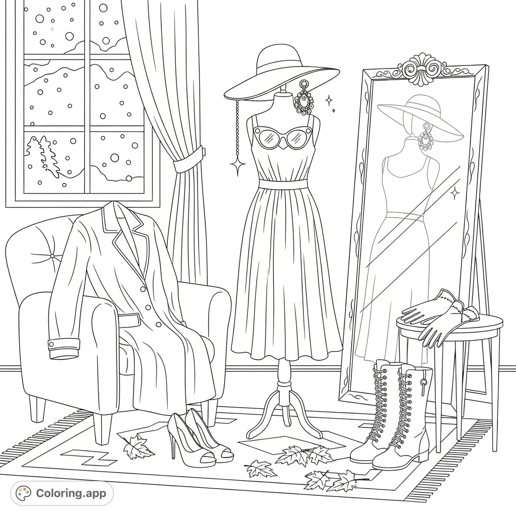 Step into a world of fashion with this elegant dressing room coloring page, featuring a mannequin, stylish accessories, and ornate details.