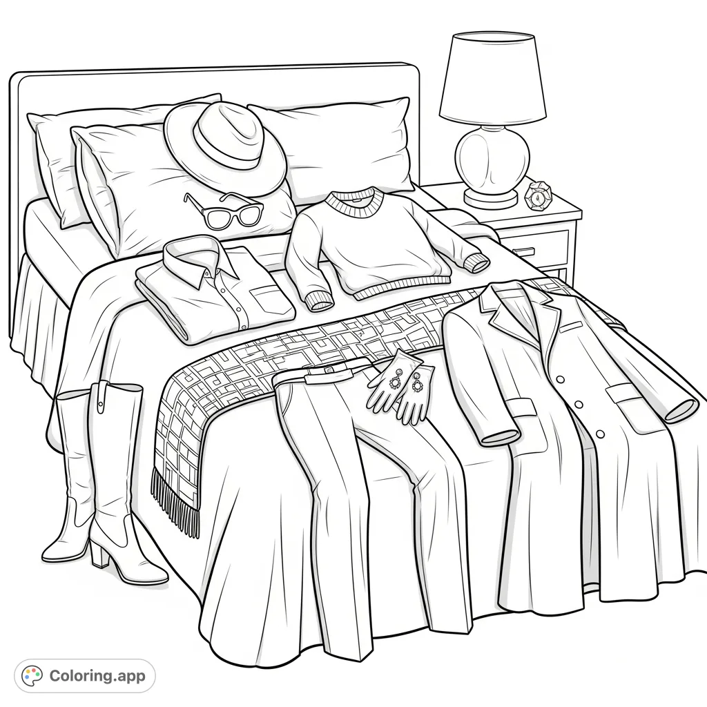 Discover a luxurious women's fashion ensemble laid out on a bed, featuring a chic hat, tailored clothing, elegant boots, and delicate accessories.