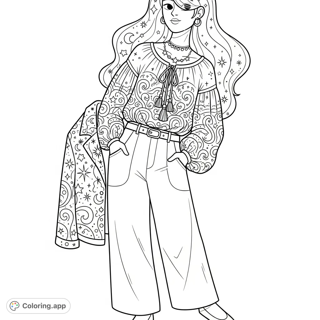 An elegant fashion coloring page featuring a person in a stylish blouse with intricate patterns, wide-leg pants, and a draped jacket. Perfect for fashion enthusiasts.