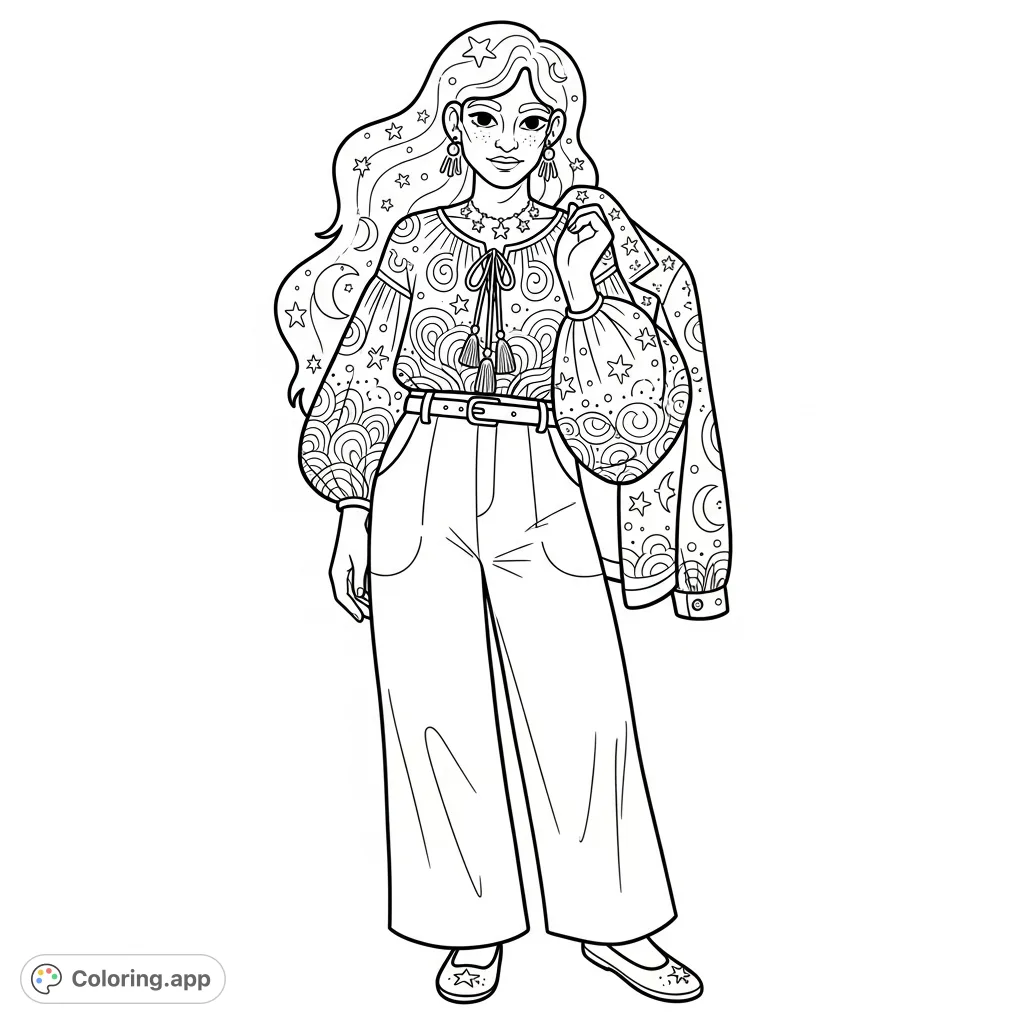 An elegant fashion coloring page featuring a person in a stylish blouse with intricate patterns, wide-leg pants, and a draped jacket. Perfect for fashion enthusiasts.