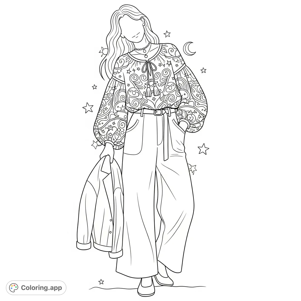 An elegant fashion coloring page featuring a person in a stylish blouse with intricate patterns, wide-leg pants, and a draped jacket. Perfect for fashion enthusiasts.