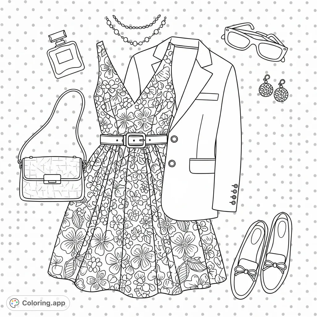 Discover a chic flat lay outfit featuring a floral-patterned dress, blazer, and accessories. Perfect for fashion enthusiasts to personalize.