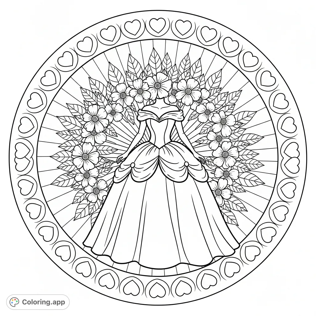 An exquisite grand ball gown centered amidst intricate radial patterns of leaves, blossoms, circles, and hearts. A detailed and captivating design awaits your creative touch.
