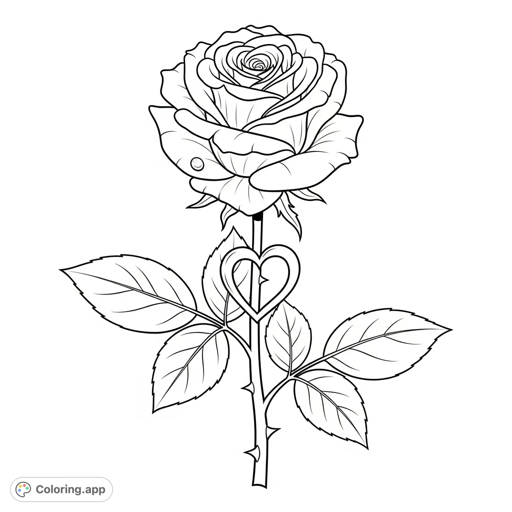 A beautiful long-stemmed rose with unfurled petals and broad leaves. One pair of leaves gracefully forms a heart shape near the bloom, with a delicate dewdrop.
