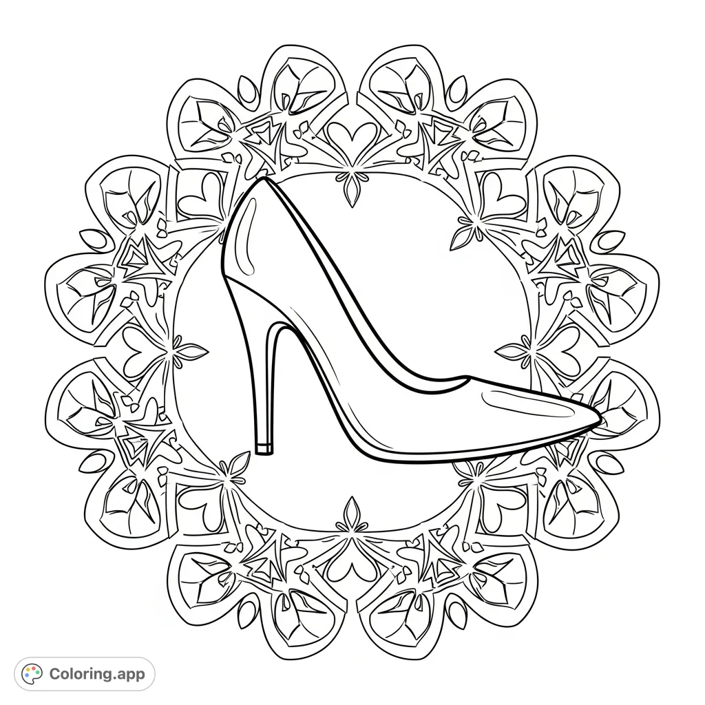 An elegant high heel shoe centered amidst an intricate, symmetrical pattern of interlocking petal shapes, starbursts, and geometric figures. A sophisticated design.