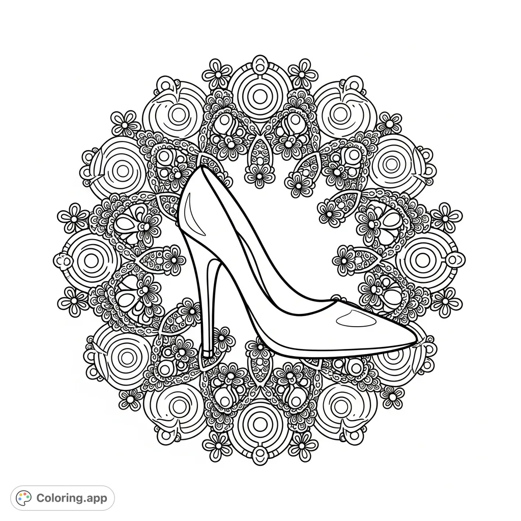 An elegant high heel shoe surrounded by an intricate, radiating pattern of small flowers and concentric circles. A sophisticated design.