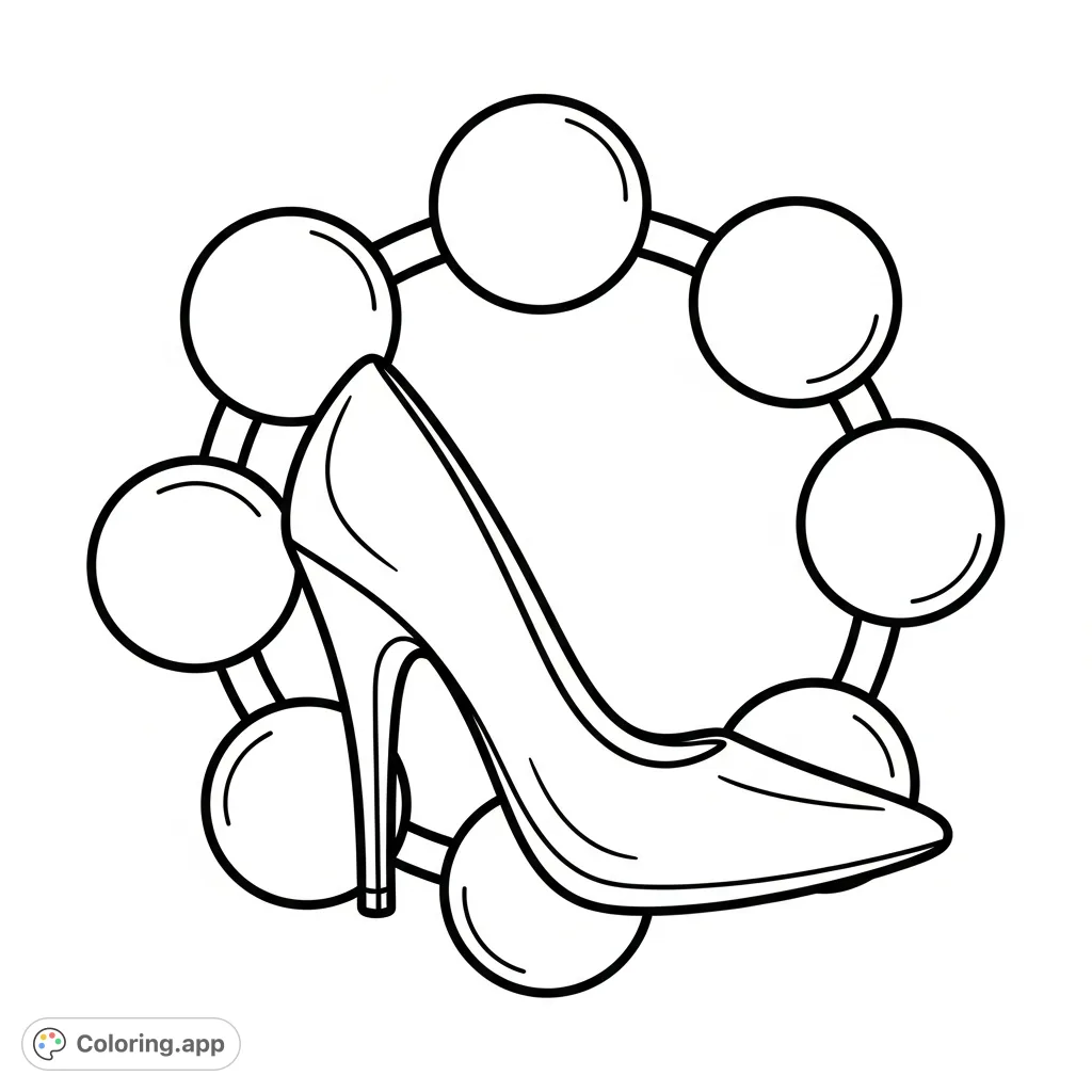 An elegant high heel shoe is framed by a simple, symmetrical arrangement of large, perfect circles, offering a stylish and sophisticated coloring experience.