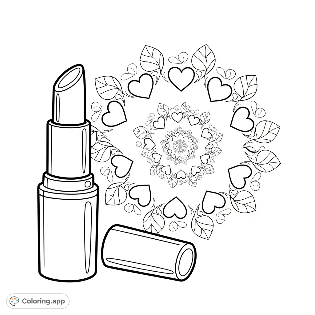 A stylish lipstick tube is surrounded by an enchanting spiral pattern of hearts and abstract leaves. A perfect blend of cosmetic elegance and organic artistry.