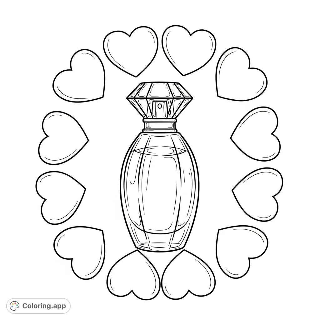 A chic perfume bottle with a unique cap, framed by large, uniformly sized heart shapes. A sophisticated and lovely design for creative expression.