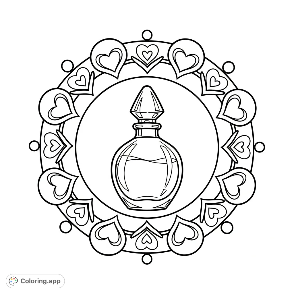 Discover an elegant perfume bottle surrounded by radiating patterns of hearts, petals, and circles. A sophisticated coloring page for artistic expression.