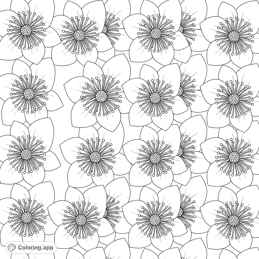 Discover a captivating repeating floral pattern coloring page, featuring intricate five-petaled flowers with detailed centers arranged in a precise, uniform grid.