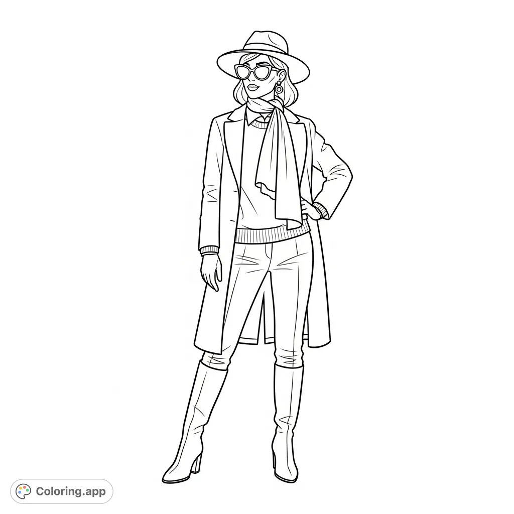 Color a sophisticated woman in a chic hat, tailored coat, and elegant accessories. A detailed fashion coloring page for style enthusiasts.