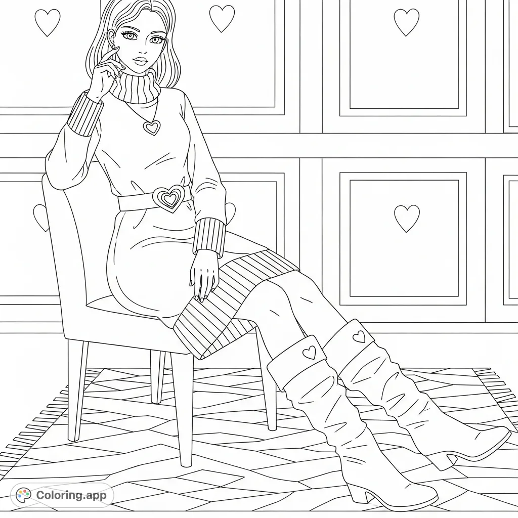 A stylish woman in a ribbed sweater dress and slouchy boots sits thoughtfully in an armchair, against a paneled wall and patterned rug. Perfect for creative coloring.