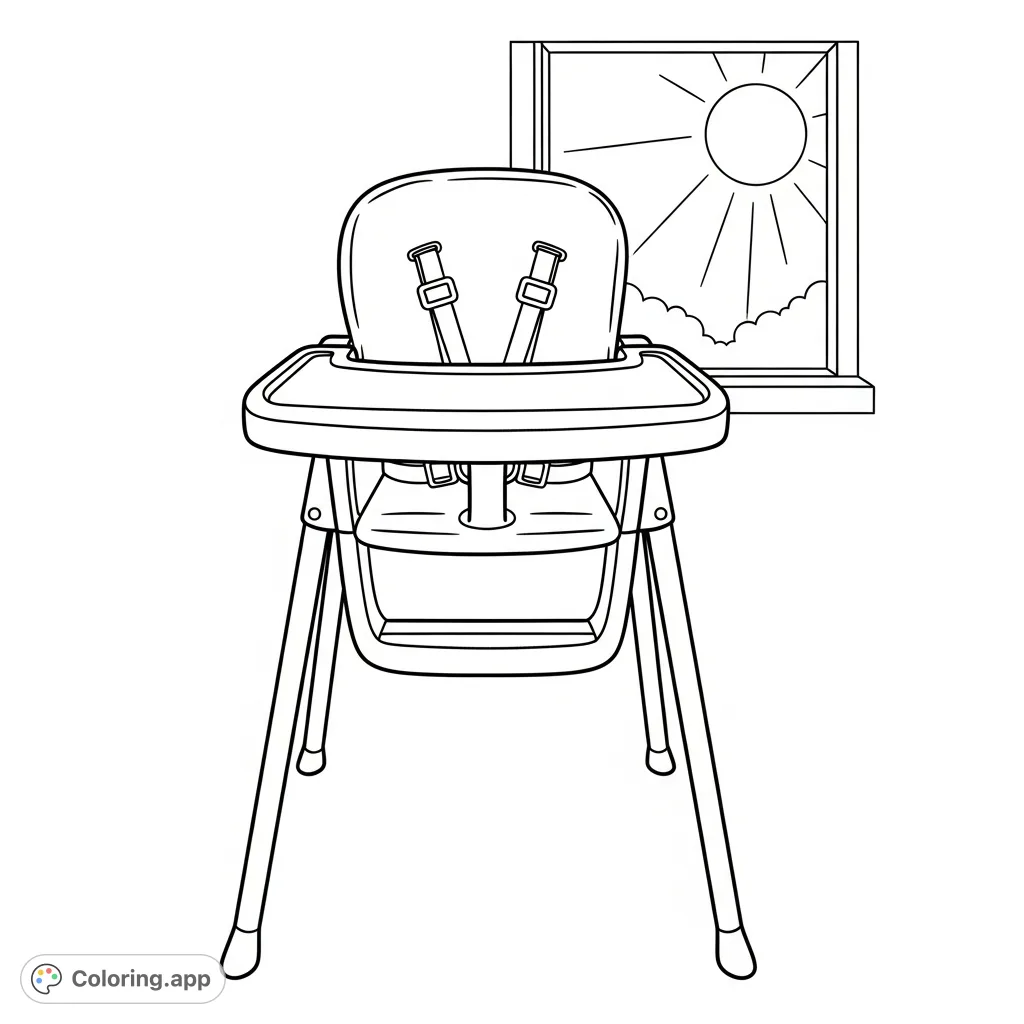 Discover a charming high chair coloring page, perfect for little ones and parents. Features an empty high chair with a wide tray and a cheerful sun peeking through a window.