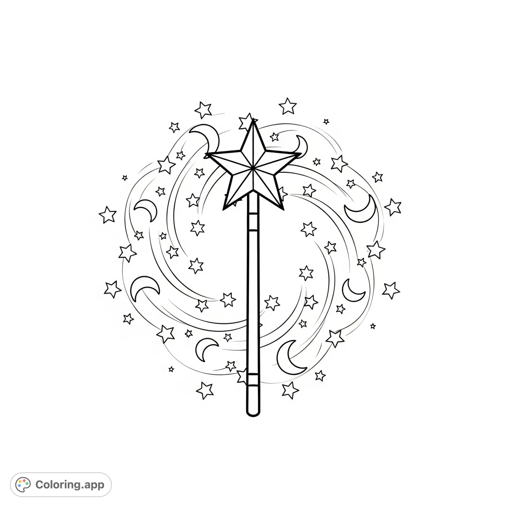 A beautiful magic wand with a star top, encircled by a dynamic design of swirling stars and crescent moons. Perfect for imaginative coloring and magical fun!